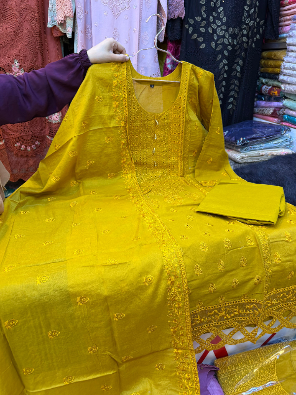 Solid Swizz Cotton Long Set with Panel Work