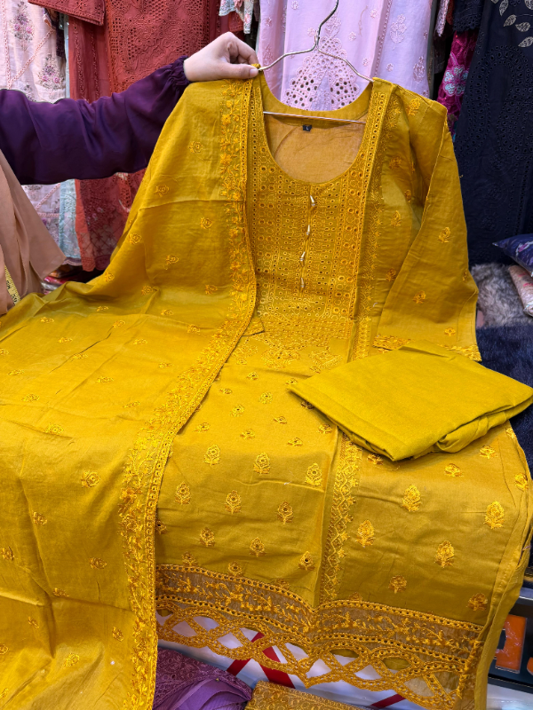 Solid Swizz Cotton Long Set with Panel Work