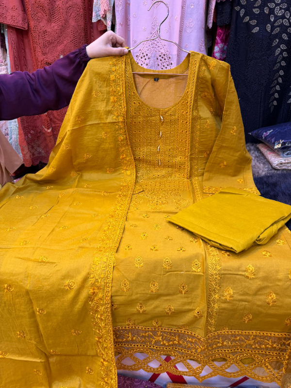 Solid Swizz Cotton Long Set with Panel Work