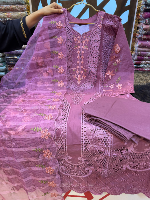 Pakistani Swizz Cotton Long Suit with Embroidered Quata Dupatta