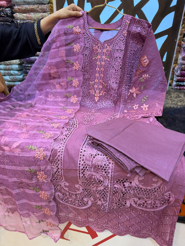 Pakistani Swizz Cotton Long Suit with Embroidered Quata Dupatta