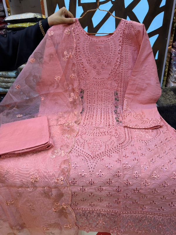 Pakistani Swizz Cotton Panel Suit with Embellished Quata Dupatta