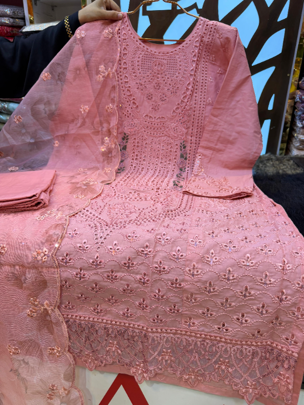 Pakistani Swizz Cotton Panel Suit with Embellished Quata Dupatta