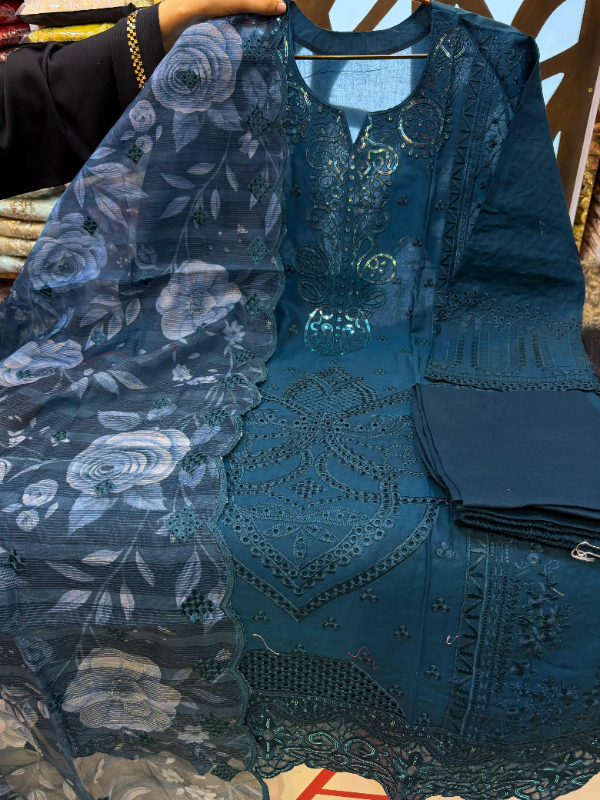 Swizz Cotton Designer Outfit with Artful Panel Work