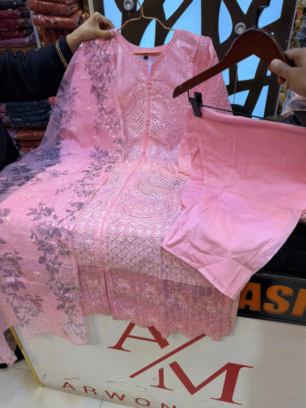 Elegant Swizz Cotton Suit with Embroidered Panel Work