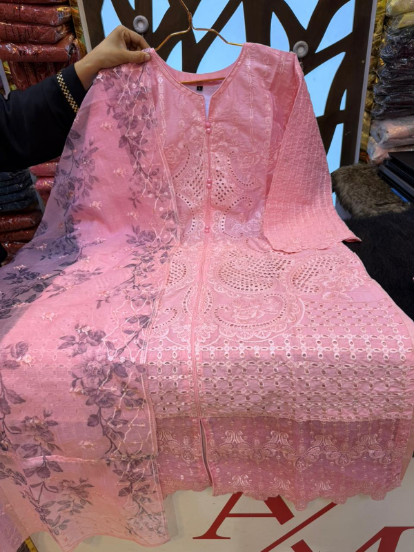 Elegant Swizz Cotton Suit with Embroidered Panel Work