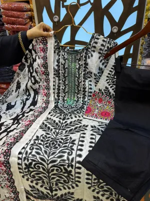 Contemporary Swizz Cotton Suit with Embroidered Finish