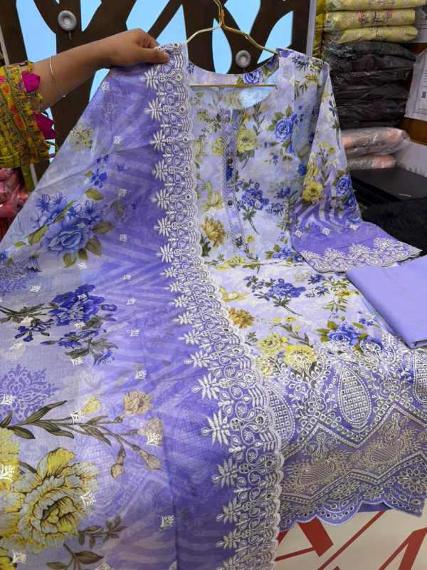 Pakistani Swizz Cotton Printed Suit with Full Front Rayon Embroidery