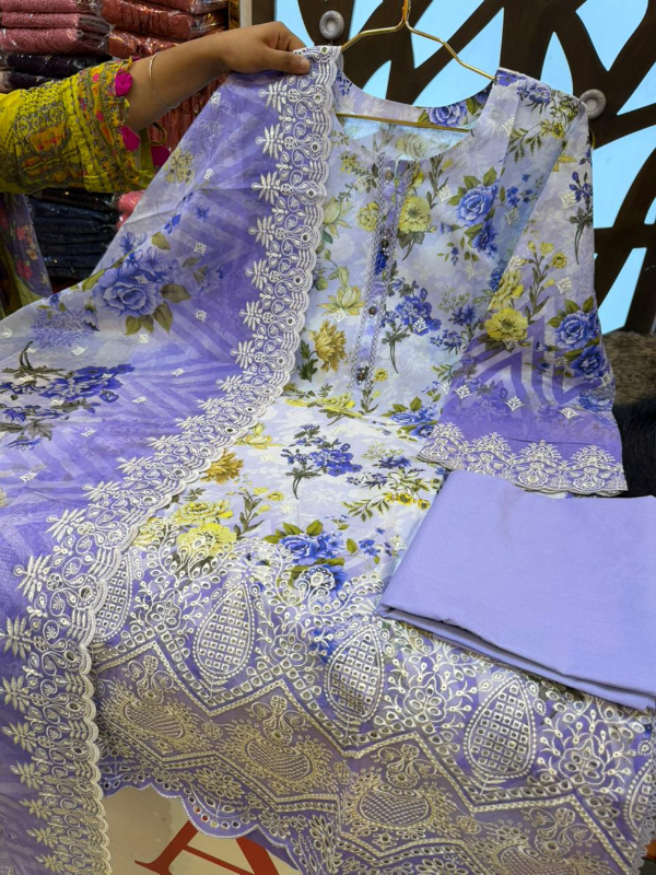 Pakistani Swizz Cotton Printed Suit with Full Front Rayon Embroidery