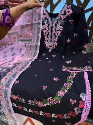 Slub Cotton Swizz Lawn Suit with Embroidery and Lace Work