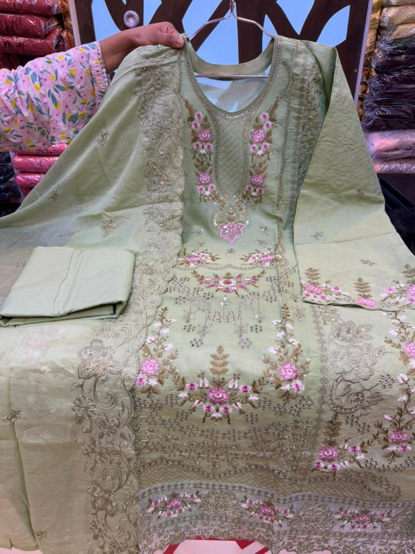 Modern Pakistani Swizz Cotton Suit with Panel Work Design