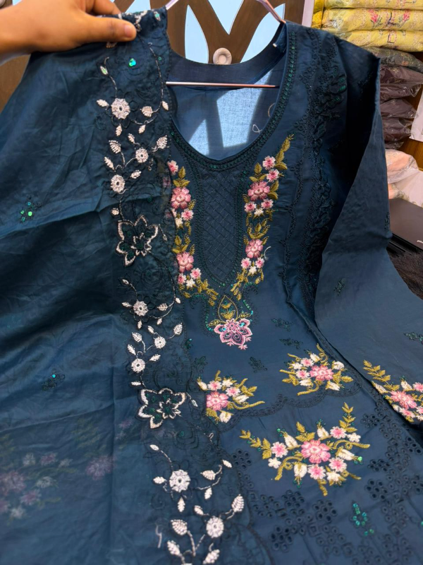 Stylish Swizz Cotton Printed Suit with Embroidered Cotton Dupatta