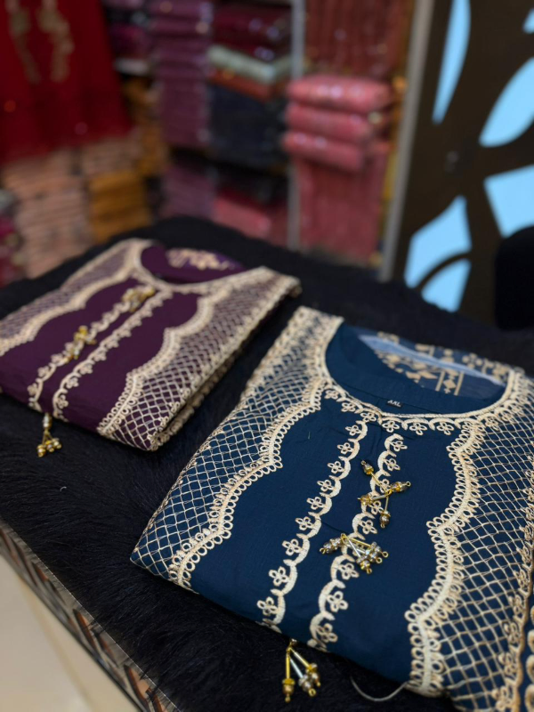 Slub Cotton Swizz Lawn Suit with Embroidery and Lace Detailing