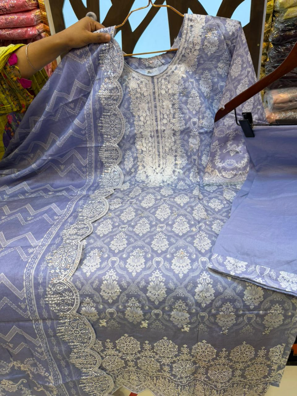 Chic Swizz Cotton Printed Suit with Crafted Embroidery Finish