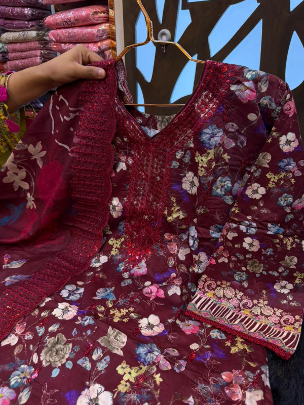 Refined Swizz Cotton Printed Suit with Intricate Panel Accents