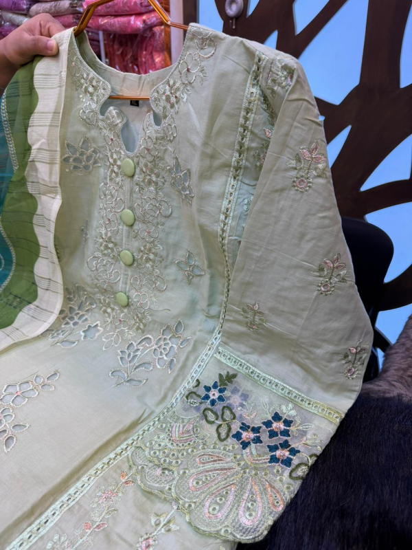 Luxe Jacquard Cotton Suit with Intricate Embroidery Detailing