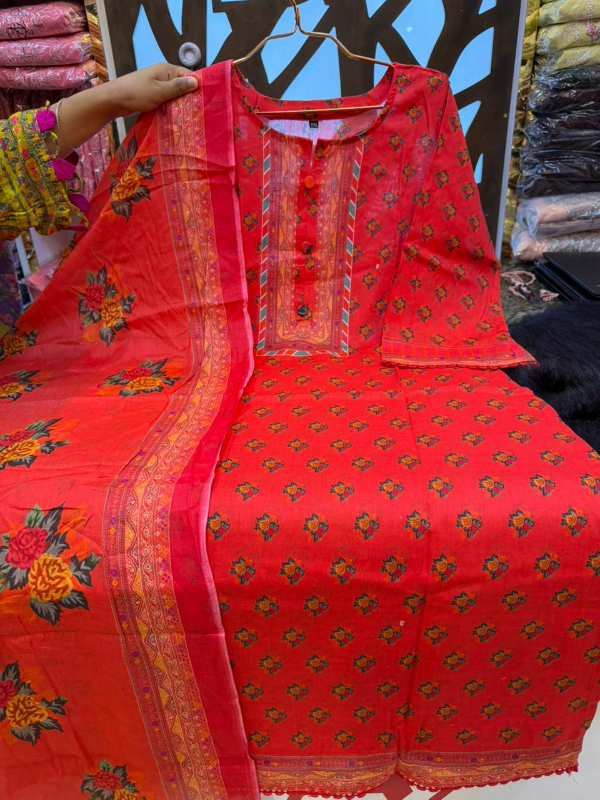 Luxe Swizz Cotton Suit with Embroidered Panel Accents