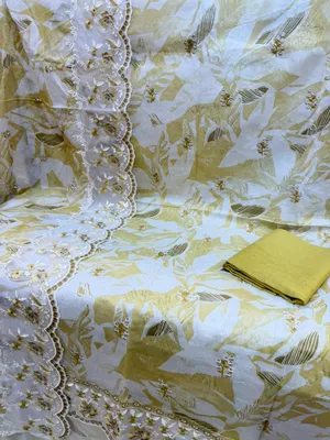 Printed Swizz Cotton Suit with Panel Embroidery and Sequence Work