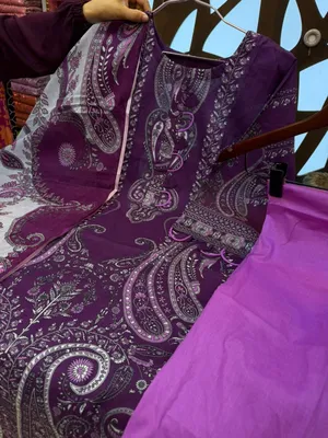 Printed Swizz Cotton Suit with Panel Embroidery and Sequence Work