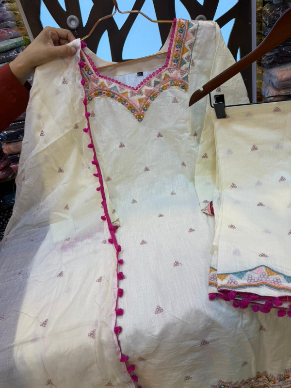 Elegant Swizz Cotton Palazzo Suit with Decorative Sleeve Detailing