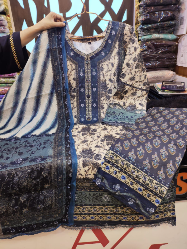 Printed Swizz Cotton Palazzo Set with Embroidered Panel Work