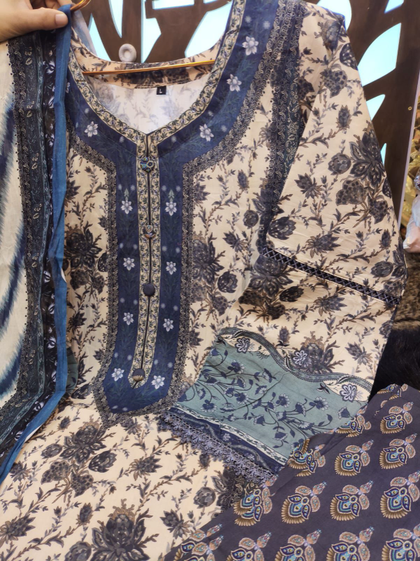 Printed Swizz Cotton Palazzo Set with Embroidered Panel Work