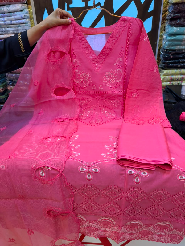 Refined Swizz Cotton Suit with Elegant Sequence Embroidery