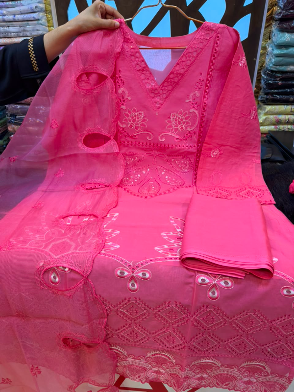Refined Swizz Cotton Suit with Elegant Sequence Embroidery