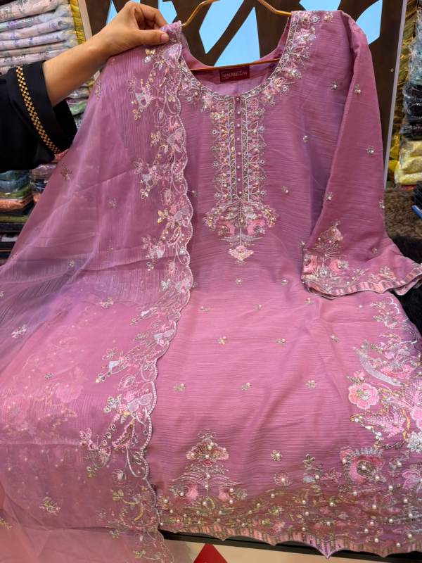 Luxury Gold Georgette Farshi Suit with Purl Embroidery Work