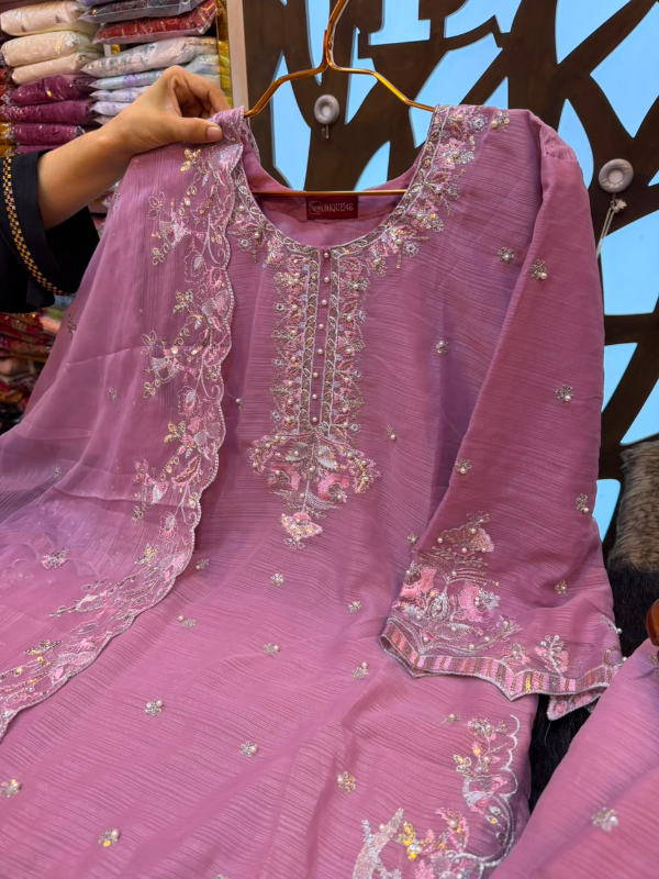 Luxury Gold Georgette Farshi Suit with Purl Embroidery Work