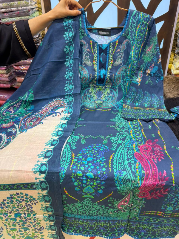 Elegant Swizz Cotton Suit with Decorative Lace Panel Work