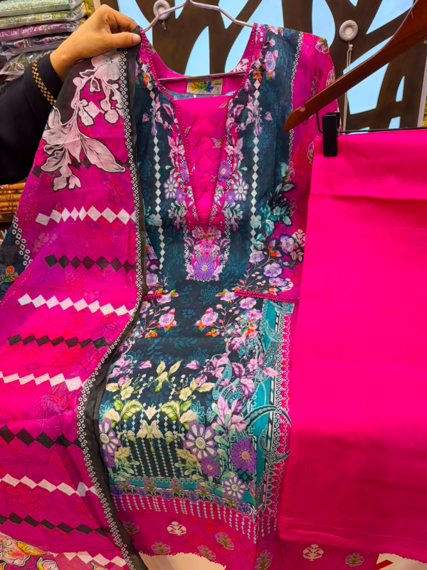 Floral Printed Swiss Lawn Stitched Three-Piece Suit - Magenta & Navy Blue