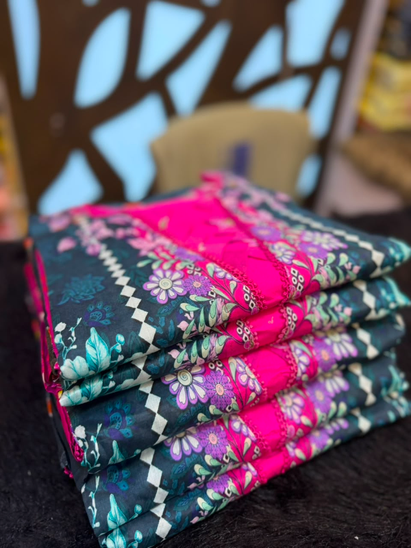 Floral Printed Swiss Lawn Stitched Three-Piece Suit - Magenta & Navy Blue
