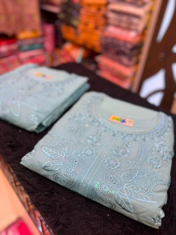 Pakistani Inspired Embroidered Stitched Three-Piece Suit with Farshi Salwar - Paste Blue