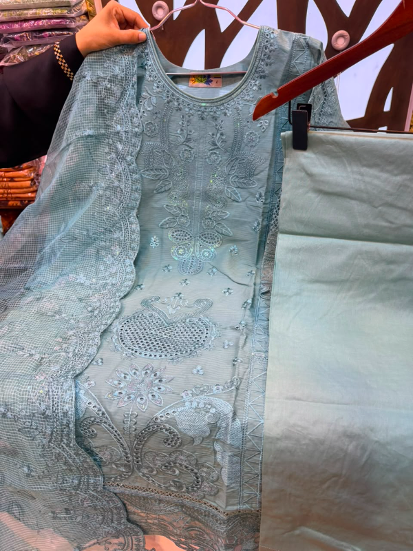 Pakistani Inspired Embroidered Stitched Three-Piece Suit with Farshi Salwar - Paste Blue