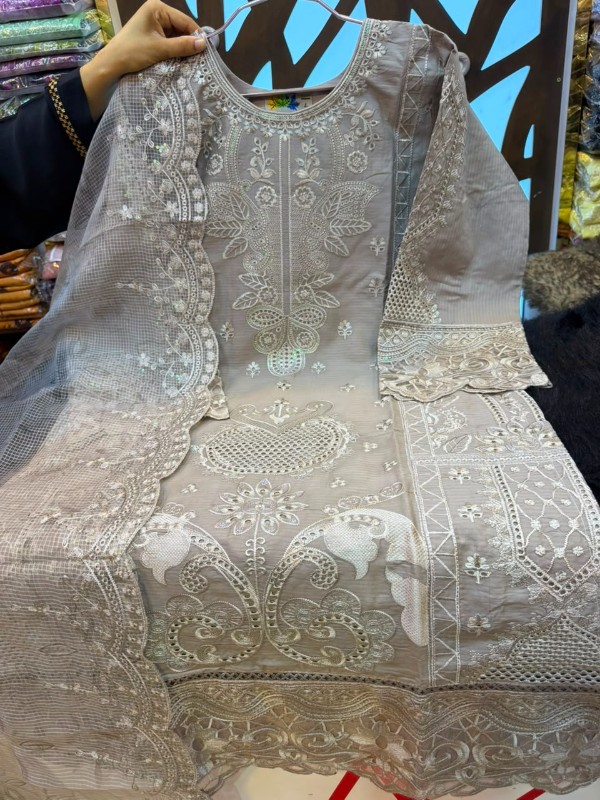 Pakistani Inspired Embroidered Stitched Three-Piece Suit with Farshi Salwar - Ash Gray