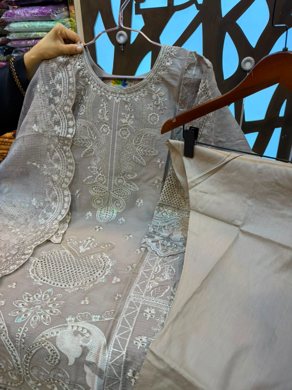 Pakistani Inspired Embroidered Stitched Three-Piece Suit with Farshi Salwar - Ash Gray