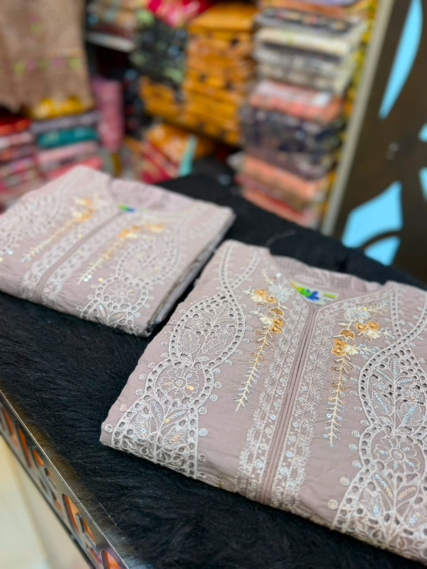 Pakistani Inspired Embroidered Stitched Three-Piece Suit with Farshi Salwar - Dusty Mauve