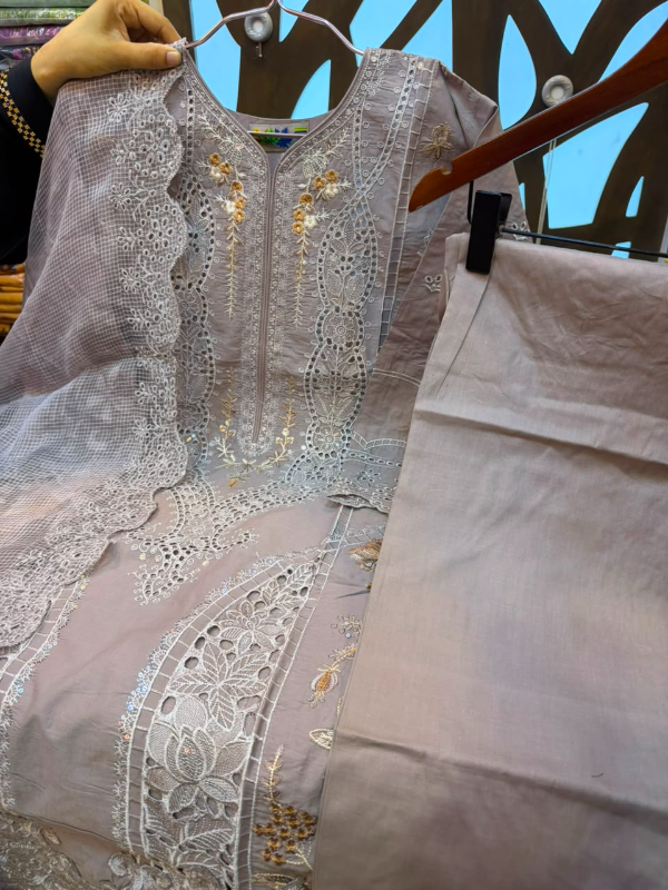 Pakistani Inspired Embroidered Stitched Three-Piece Suit with Farshi Salwar - Dusty Mauve