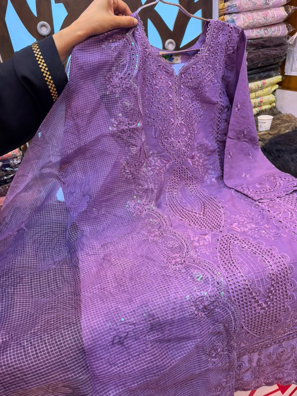 Pakistani Inspired Embroidered Stitched Three-Piece Suit with Farshi Salwar - Lavender