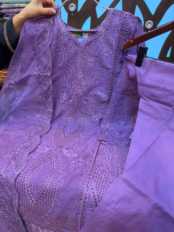 Pakistani Inspired Embroidered Stitched Three-Piece Suit with Farshi Salwar - Lavender