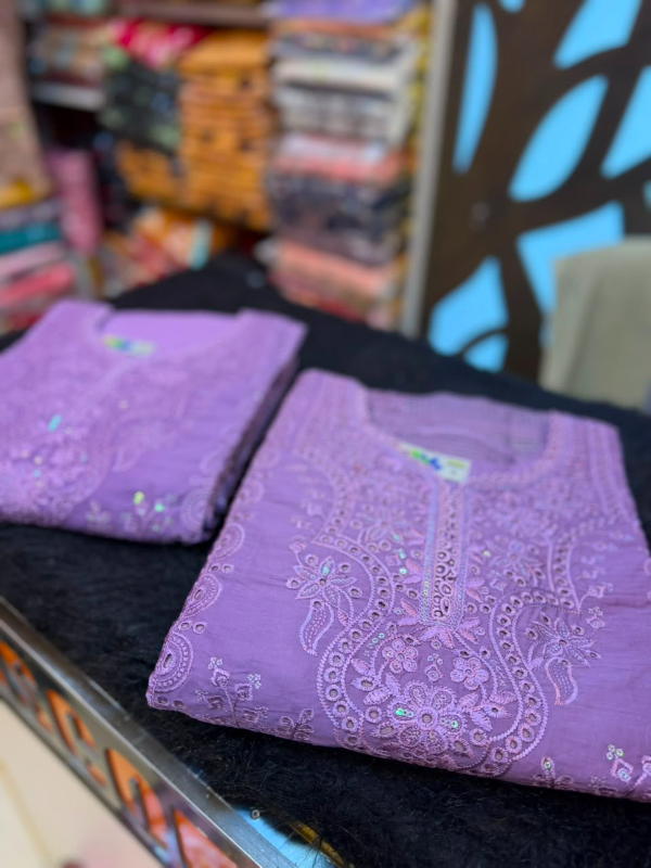 Pakistani Inspired Embroidered Stitched Three-Piece Suit with Farshi Salwar - Lavender