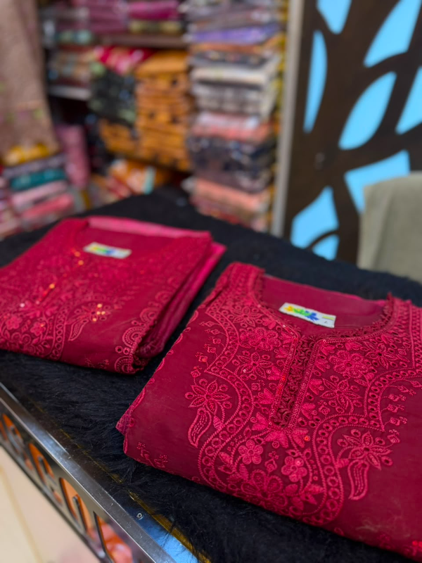 Pakistani Inspired Embroidered Stitched Three-Piece Suit with Farshi Salwar - Magenta Red