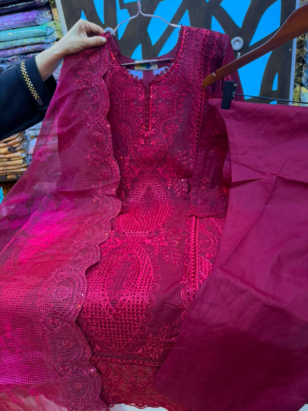 Pakistani Inspired Embroidered Stitched Three-Piece Suit with Farshi Salwar - Magenta Red