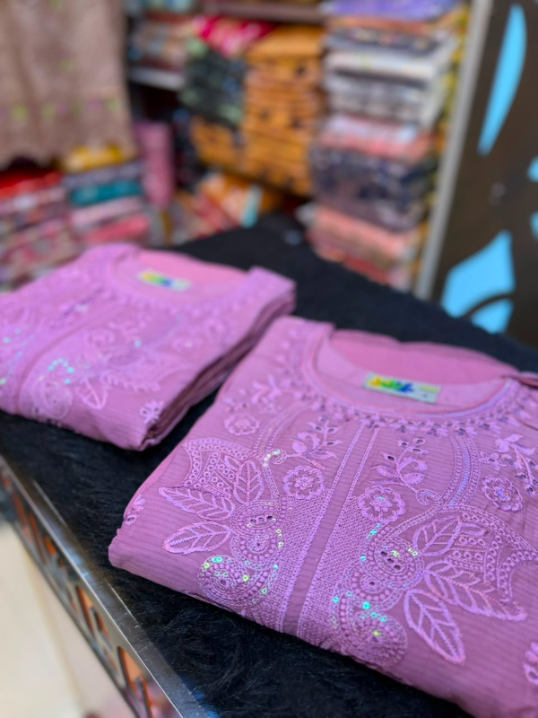 Pakistani Inspired Embroidered Stitched Three-Piece Suit with Farshi Salwar - Lilac