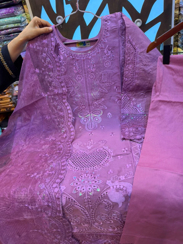 Pakistani Inspired Embroidered Stitched Three-Piece Suit with Farshi Salwar - Lilac