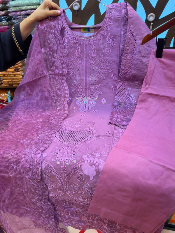 Pakistani Inspired Embroidered Stitched Three-Piece Suit with Farshi Salwar - Lilac