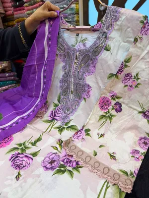 Swizz Lawn Printed Cotton 3-Piece Suit with Neck Embroidery Work - Off-White & Purple