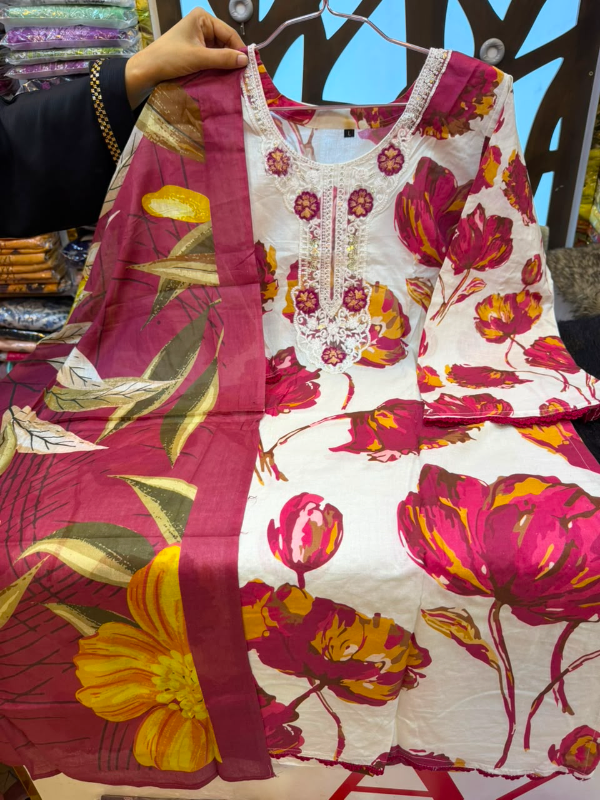 Swizz Lawn Printed Cotton 3-Piece Suit with Neck Embroidery Work - Magenta & Yellow