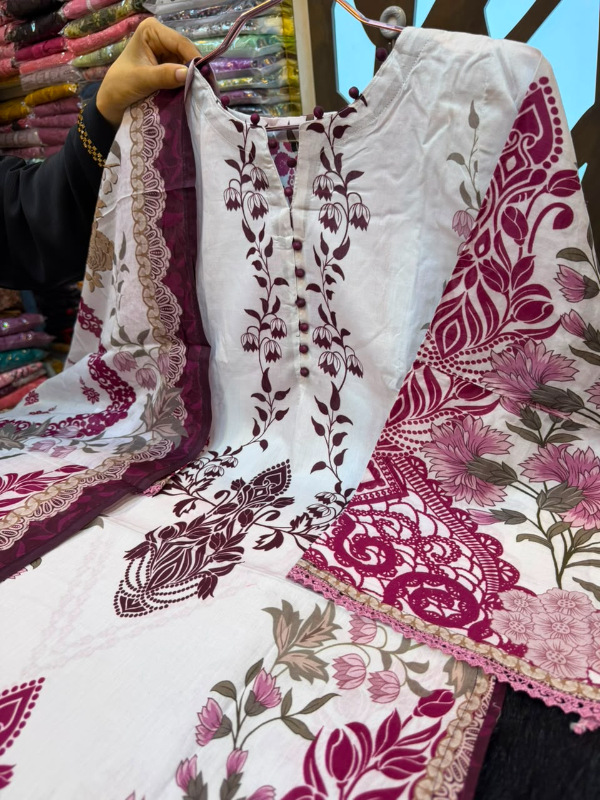 Swiss Lawn Printed Cotton 3-Piece Suit with Potli & Button Accents - Off-White & Deep Plum